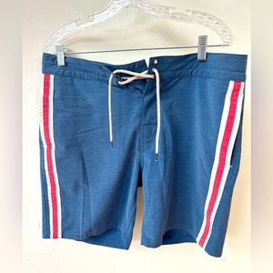 Faherty beach swim shorts.  Size 33 waist. Poly/Cotten mix. Red stripe. Blue.